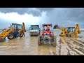 2 JCB 3dx Backhoe Washing Together in Dam with Tata 2518 Truck and Mahindra Arjun 605