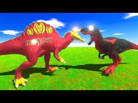 IRON MAN SPINO vs 2x BATMAN T-REX vs 3x BUMBLEBEE SPINO - Animal Revolt Battle Simulator