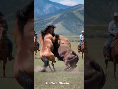 😱🔥Horse Vs Bison Fight🐎🦬#animals #animal #short #animallover #wildlife #horse #bison #trending #usa