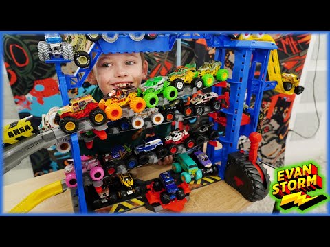 Monster Jam Flip Ramp Stunt Challenge and Monster Truck Garage Featuring Evan & Emily Storm