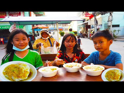 Cambodian Rice Noodle For Snack - Kids Eating Yummy Traditional Noodle With Green Fish Curry