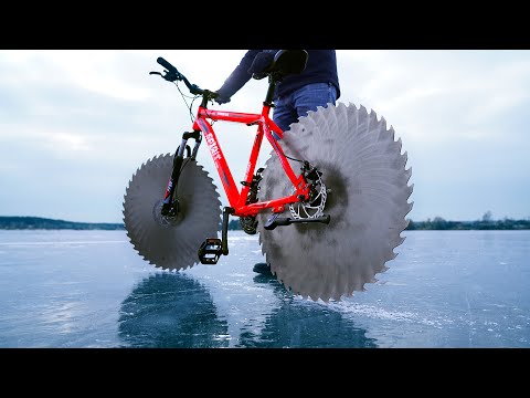 Guy Attached Giant Saws To His Bicycle And Had The Time Of His Life Riding Over A Frozen Lake