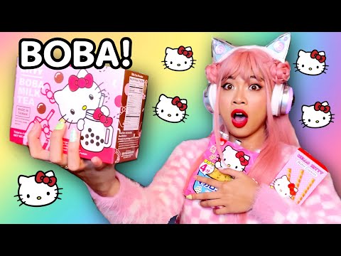 EATING ONLY HELLO KITTY FOOD FOR 24 HOURS! (BOBA MILK TEA, PASTA, AND MORE)