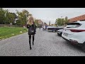 Granate Styling Walking In Public During Lunchbreak Of Classic Car Tour Miniskirt Thigh High Boots