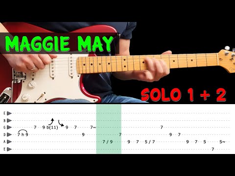 MAGGIE MAY - Guitar lesson - Solo 1 + 2 with tabs (fast & slow) - Rod Stewart Video