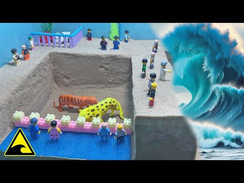 Tsunami Hits Lego Zoo - Lego Dam Breach Experiment
