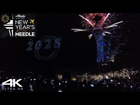 DRONES & FIREWORKS | SPACE NEEDLE SEATTLE | NEW YEAR'S | 4K 🎧
