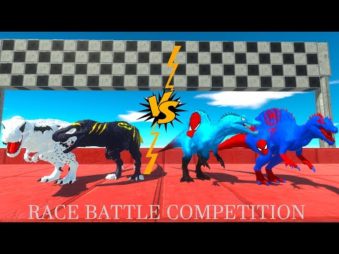 2X T-REX BATMAN vs 2X SPIDER-MAN SPINOSAURUS RACE BATTLE COMPETITION - ARBS