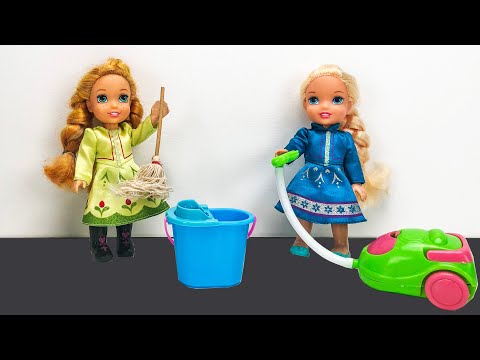 Elsa and Anna toddlers clean up their house
