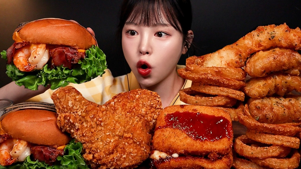 SUB)칼로리폭탄 특집! 꾸덕한 치즈버거에 통다리후라이드치킨 먹방🍔소스 푹푹 찍어먹기 대왕치즈스틱 ?