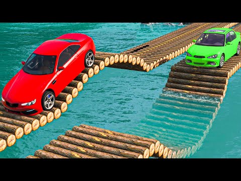Cars vs 2 Log Bridges and Deep Water - BeamNG.Drive
