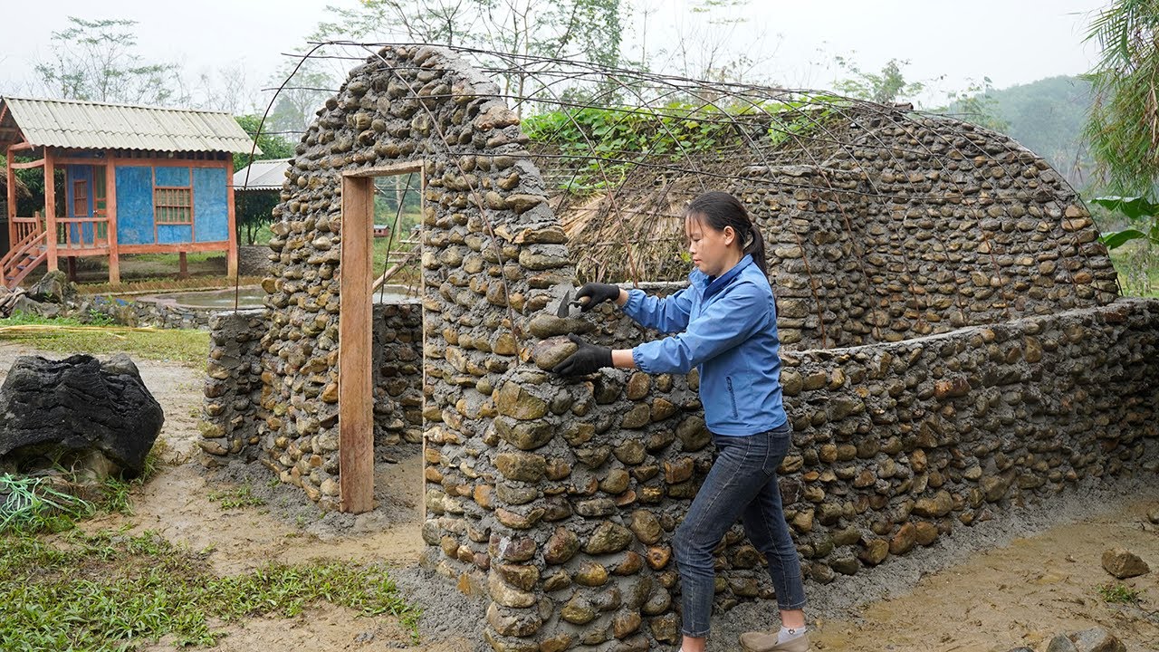 TIMELAPSE: START to FINISH Alone Building Stone House - BUILD LOG CABIN with many stone