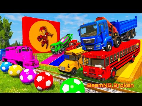 Flatbed Trailer Truck Rescue Bus - Cars vs Slide Colors - Cars vs Rails & Trains - BeamNG Drive #13