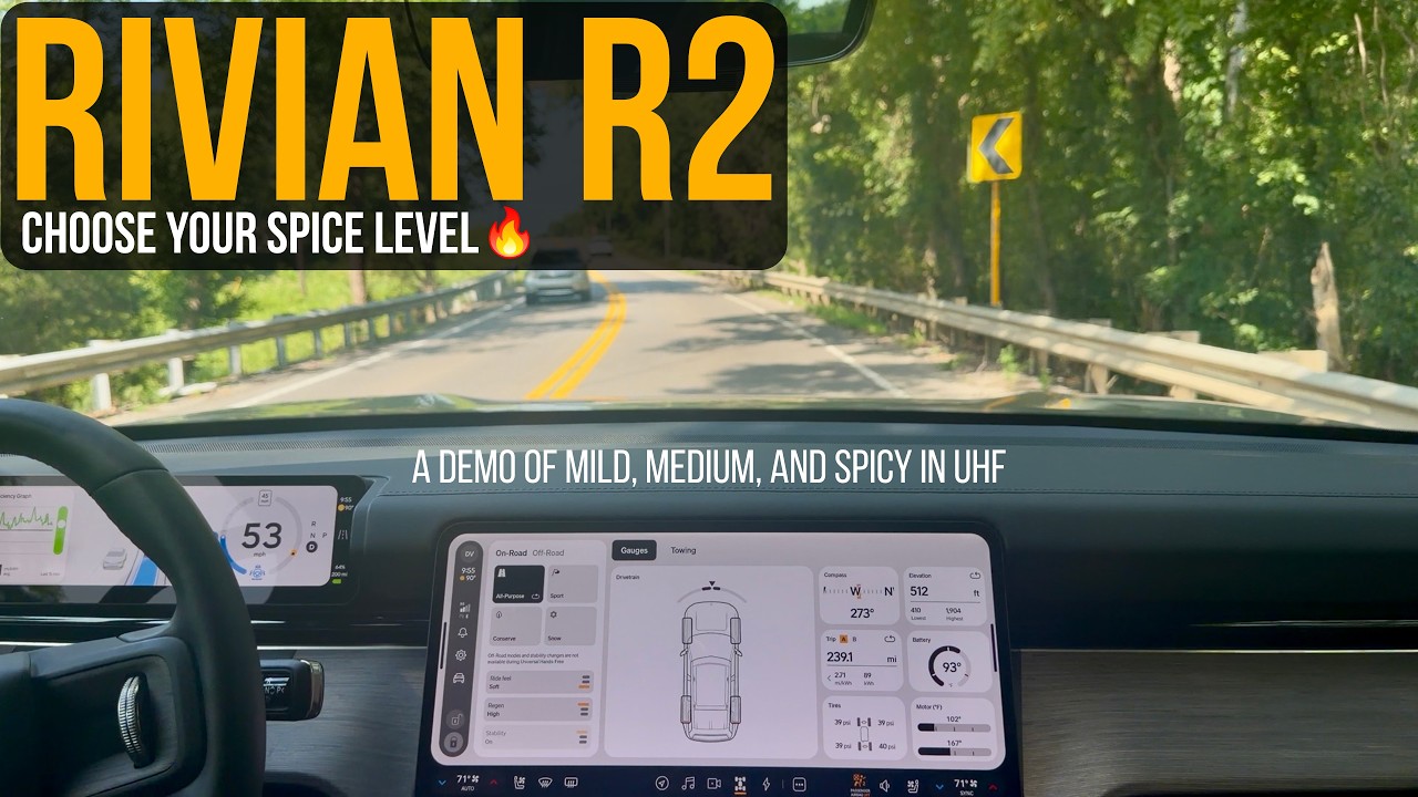 Driver view from a Rivian R2 running hands-free assistance on a highway