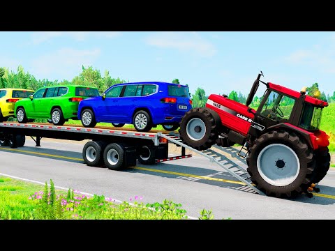 TRANSPORTING PIXAR CARS & FRUITS WITH COLORED & JOHN DEERE vs CLAAS vs TRACTORS - BeamNG.drive #983