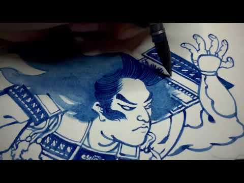 Watercolor paint ukiyoe art : two samurai