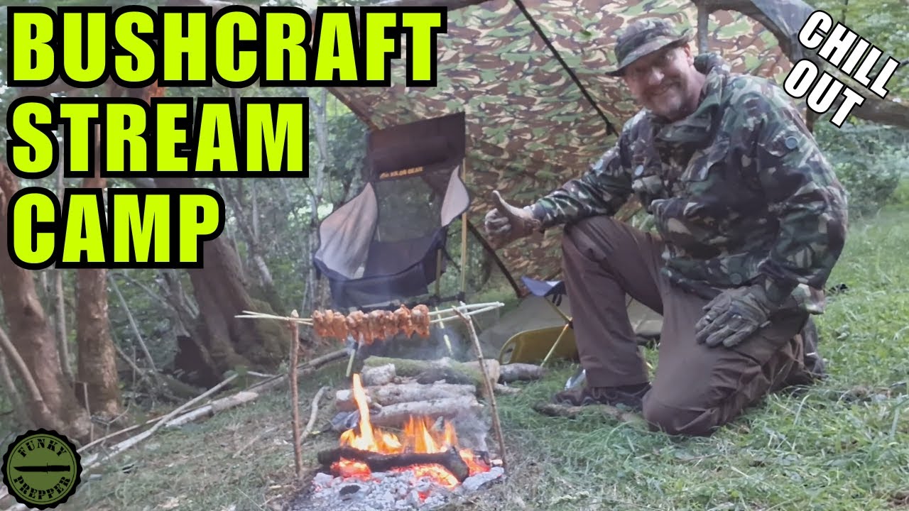 British bushcraft prepper wild camping, Chicken wing grill fest by a stream in the mountains