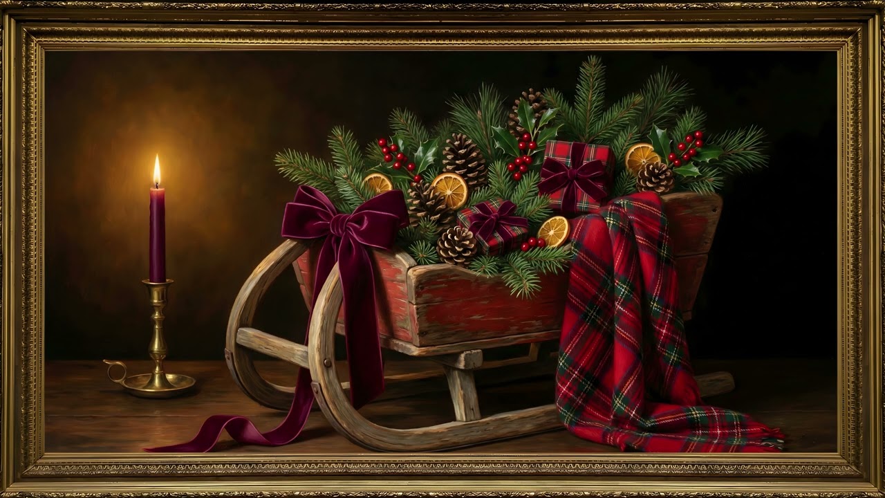Vintage Christmas Sleigh Candlelight Gold Frame TV Art | 2 Hours 4K — 4K ambient art screensaver in baroque gold frame