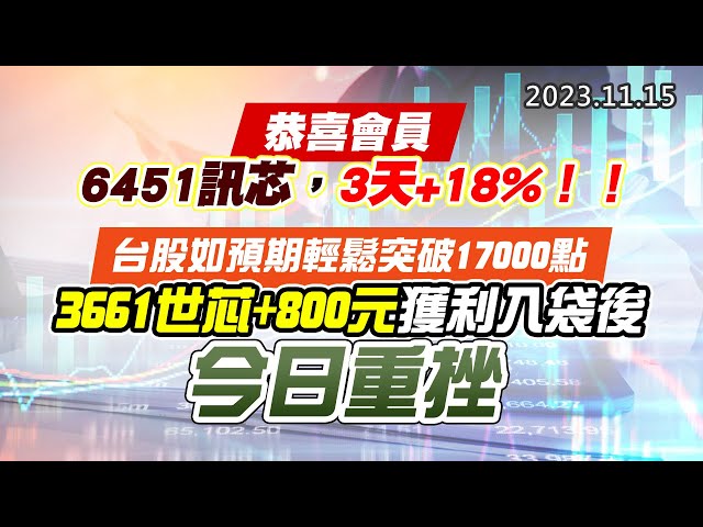 20231115《股市最錢線》#高閔漳 “恭喜會員6451訊芯，3天+18%！！””台股如預期輕鬆突破17000點，3661世芯+800元獲利入袋後，今日重挫”