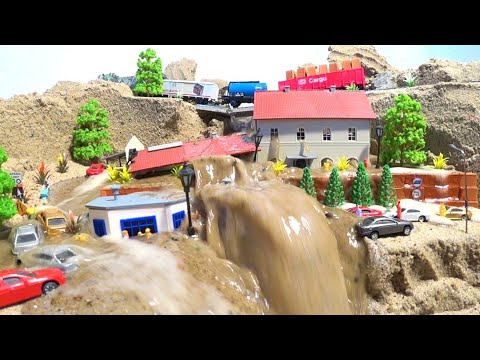 New Town And Railroad Bridge With Mini Train Models Collapse - Diorama Dam Breach