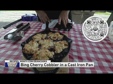 Dean cooks Watermelon-Cucumber-Feta Salad and Bing Cherry Cobbler in a Cast Iron Pan