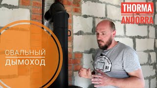 Овальный дымоход из нержавеющей стали. Пример монтажа с печью Thorma Andorra Овальный дымоход из нержавеющей стали. Пример монтажа с печью Thorma Andorra