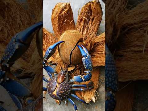 The beautiful blue small but powerful coconut crab is breaking coconut #coconutcrab #crab