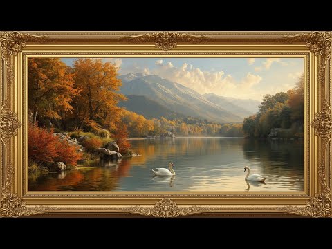Luxury TV Screen in Golden Autumn Lake Painting Frame | Elegant TV Wallpaper