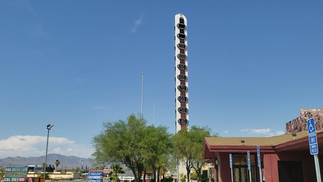 World's Tallest Thermometer Reads 118F 48C Degrees! (Baker, CA)