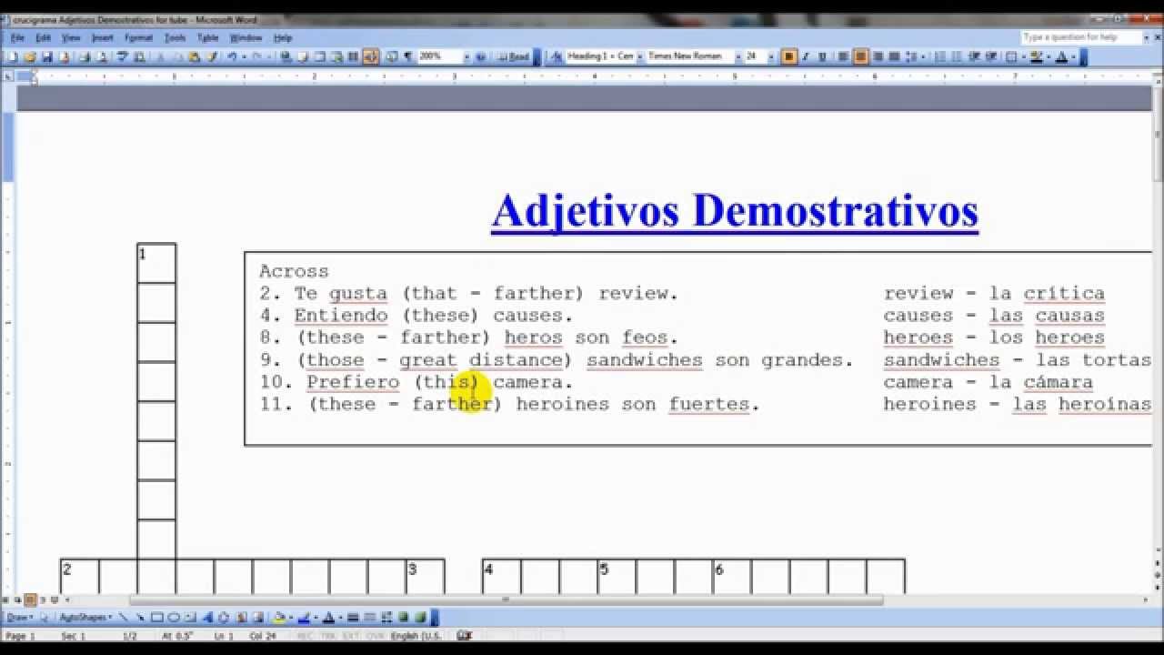 Spanish Practice: Demonstrative Adjectives Crossword