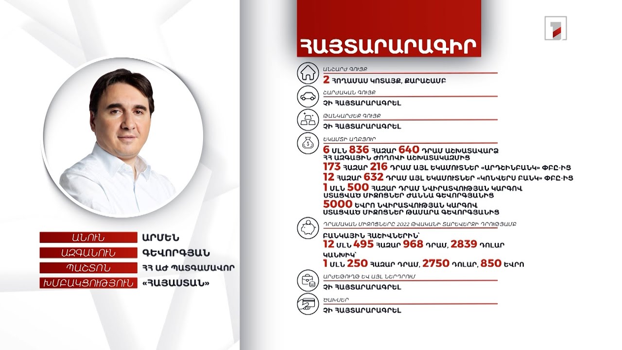 2 անշարժ գույք, 13 մլն 745 հազար դրամ. ՀՀ ԱԺ պատգամավոր Արմեն Գևորգյանի հայտարարագիրը
