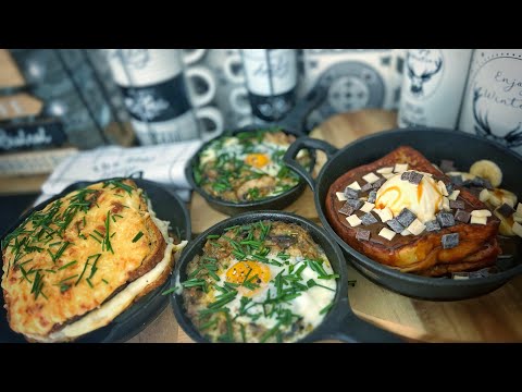 Homemade brunch: forest mushroom baked eggs, croques monsieur and banana-chocolate toast
