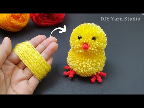 Super Easy Pom Pom Chicken Making Idea with Fingers - DIY Pom Pom Chick - How to Make Yarn Chicken
