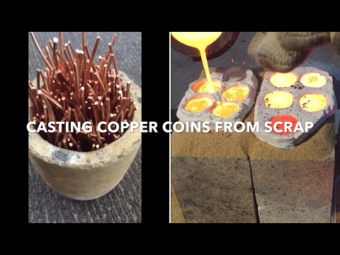 CASTING COPPER COINS IN CLAY FROM SCRAP COPPER WIRE 1080p full pour