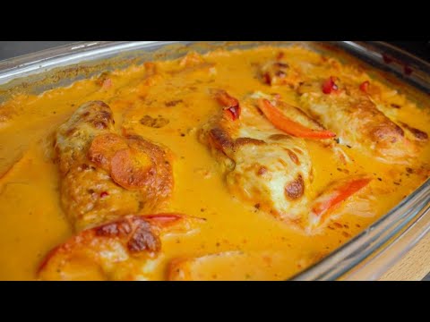 Turkey breast with cream cheese sauce and paprika, quick and delicious recipe from the oven, #recipe