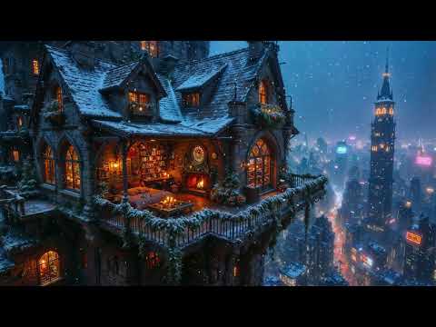 Lo-fi Chill Beats ❄️ Cozy Winter Castle Balcony Above Neon City | Study, Relax & Sleep | 4K