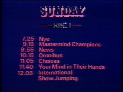 Sunday 2nd May 1982 BBC1 - Nye - Mastermind - News - Omnibus - Show Jumping - Antiques Roadshow