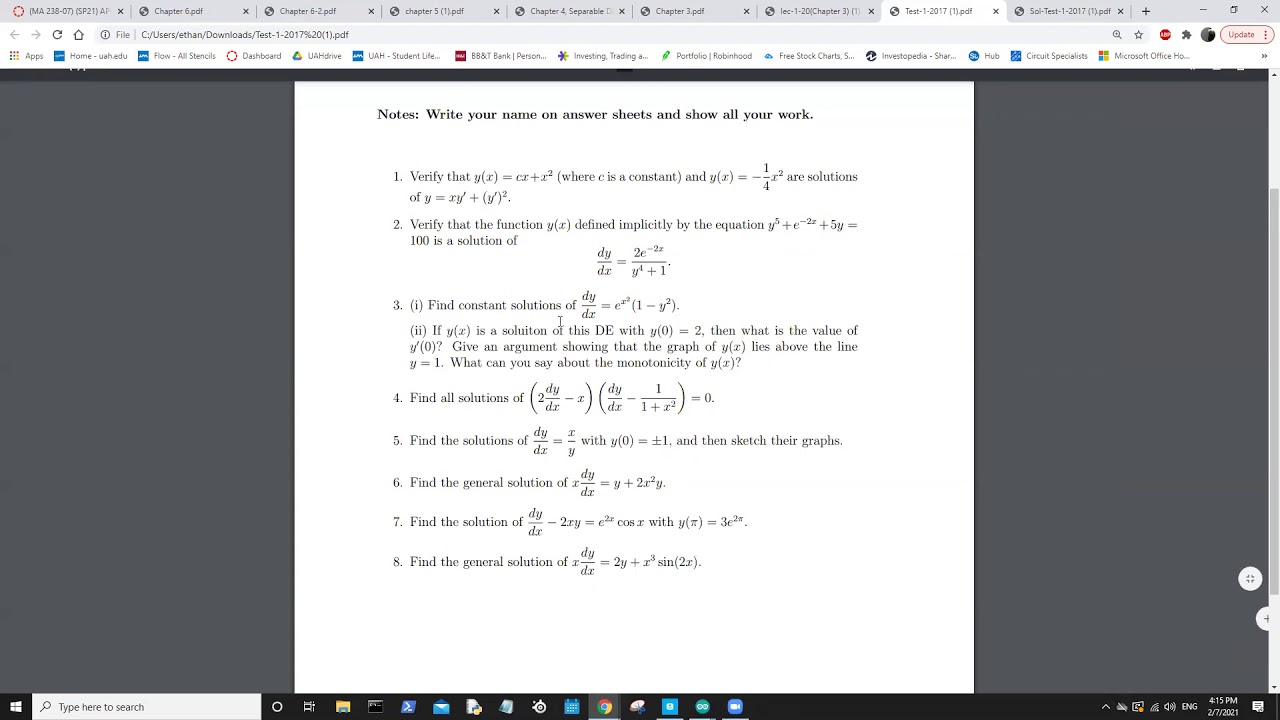 Differential Equations Test 1 Review