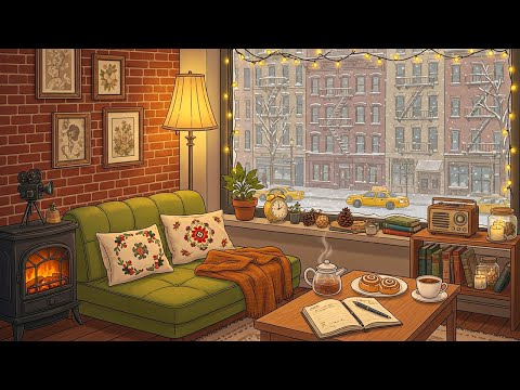 Relaxing Snowfall in New York City in a Cozy Apartment with Vintage Oldies Playing in Another Room
