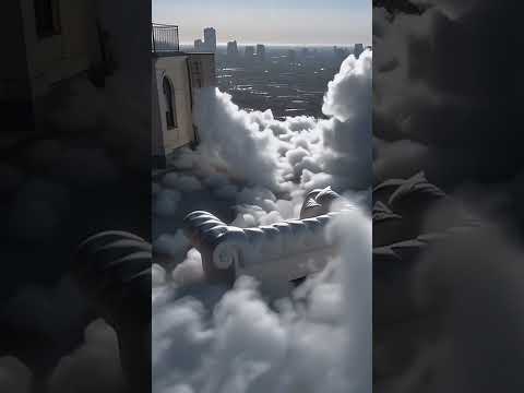 Sofá chesterfield entre nubes y rascacielos