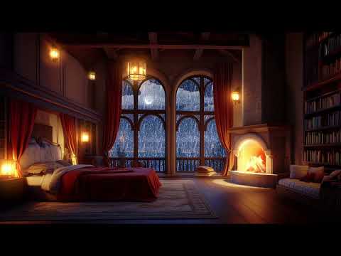 Nighttime Thunderstorm Haven: Inviting Cozy Castle Room with Rain, Fireplace Sounds To Sleep