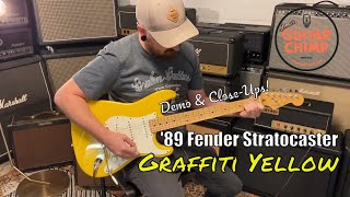 Video thumbnail for 1989 Fender American Standard Stratocaster Graffiti Yellow by Guitar Chimp