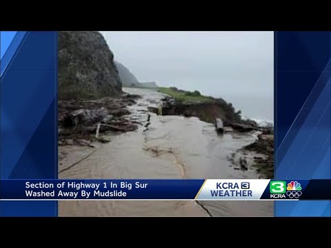 Section of Highway 1 in Big Sur falls into the ocean
