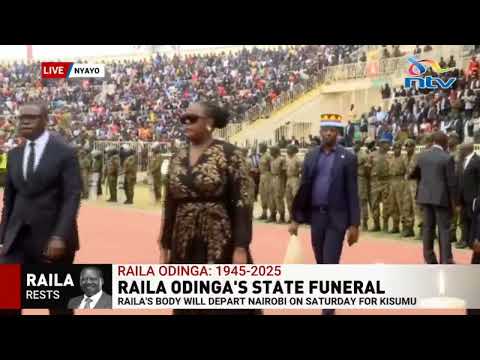 President Ruto, Uhuru Kenyatta and Kalonzo Musyoka at Nyayo Stadium for Raila’s state funeral