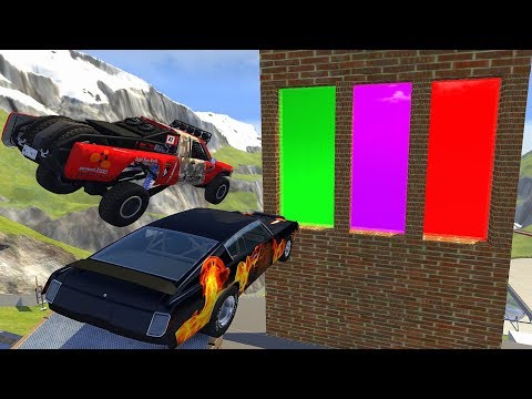 Crazy Vehicle High Speed Jumping through Green Or Purple Or Red Slime Water Wall Crash- BeamNG drive