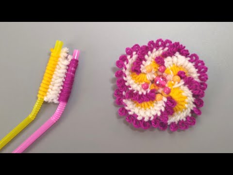 Super Easy Woolen Flower Making Ideas with Straw   Hand Embroidery Amazing Trick