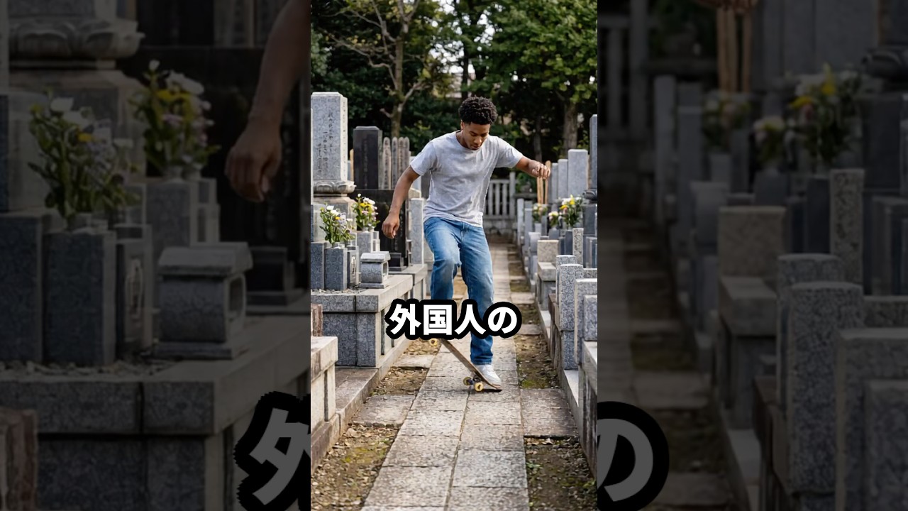 墓地でスケボー