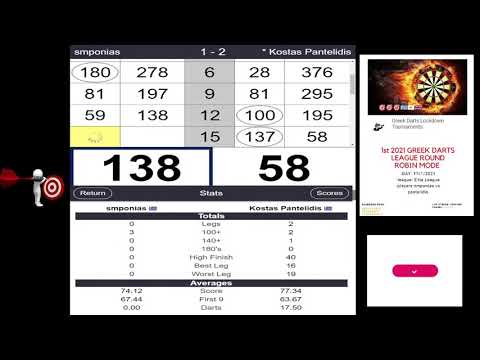 1st 2021 GREEK DARTS LEAGUE ROUND ROBIN MODE Elite League  17/1/2021 Sbonias 🇬🇷  vs Pantelidis  🇬🇷