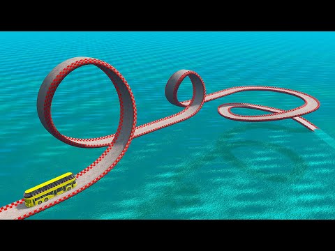 Impossible Double Loop Bridge Crossing Spiral - Cars vs Deep Water - BeamNG.Drive
