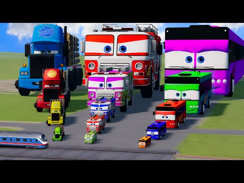 Big & Small: Mack Truck vs Mcqueen Fire Truck vs Mcqueen Bus vs Trains | BeamNG.Drive